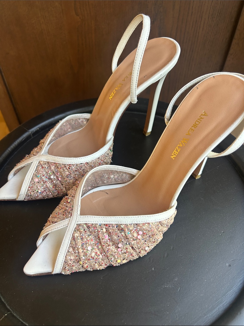Andrea Wazen Tulle Sequined Slingback Stiletto Heels